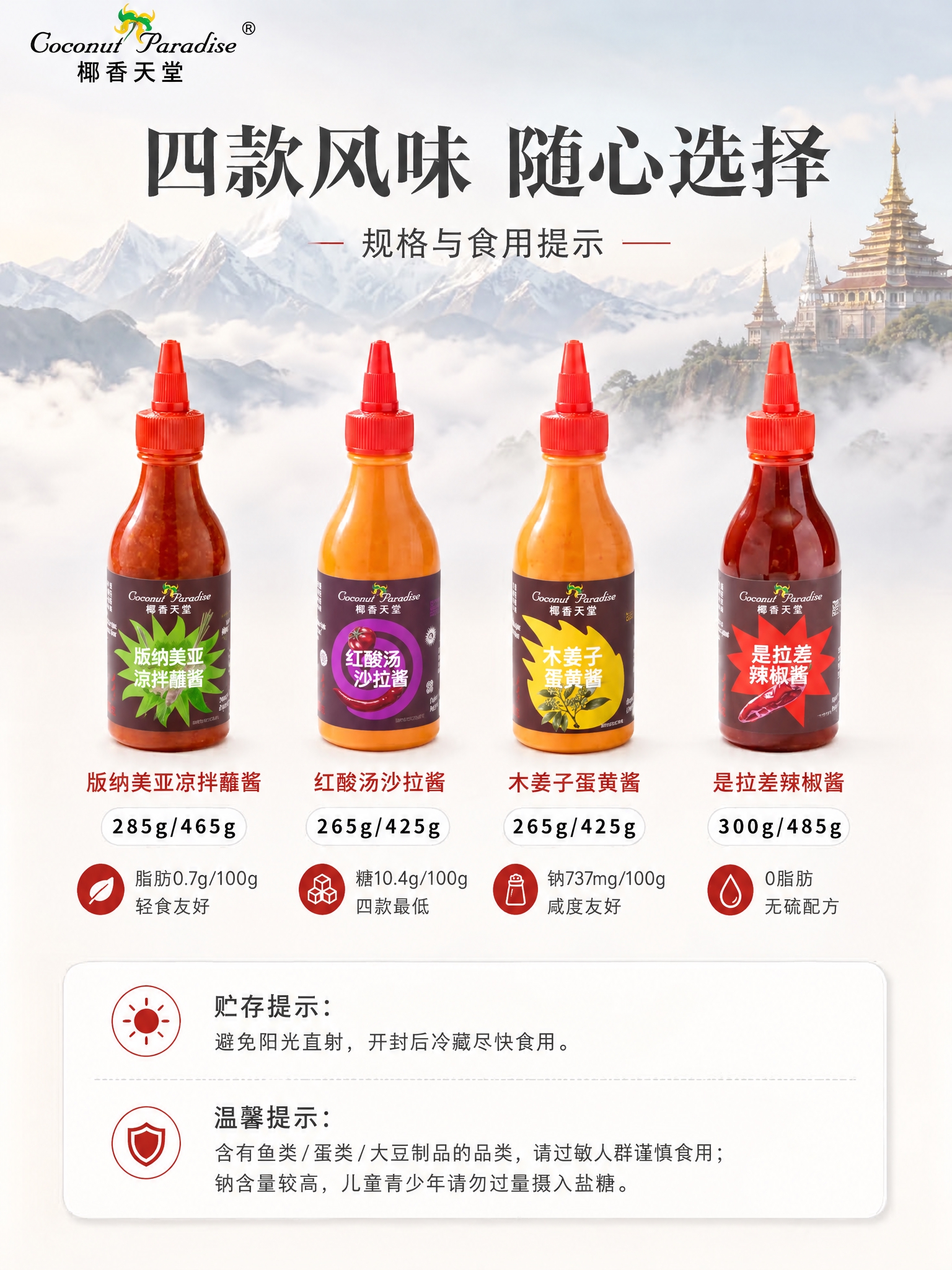 将图中4款并排直立的酱料瓶的标签全部替换为新的标签，保持瓶身形… - 图片创意预览
