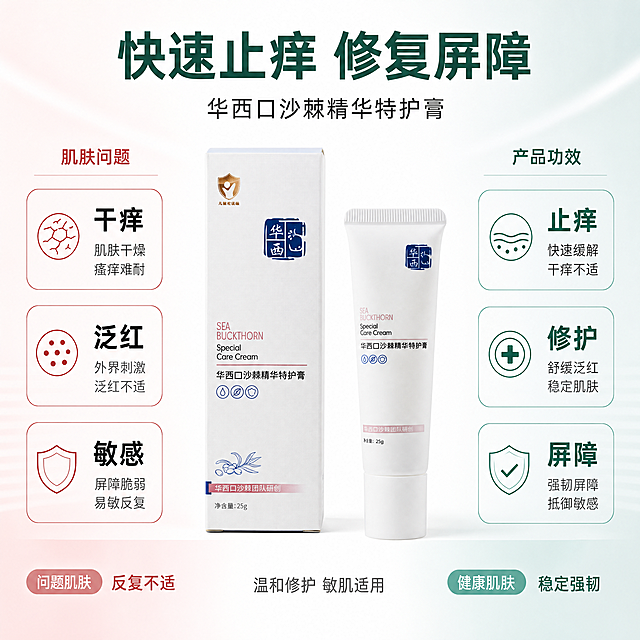 [主图-4] 华西口沙棘精华特护膏功效痛点图
[氛围风格] 对比清晰，直观可信，专业温和
[画质] 商业图文设计，文字清晰，对比强烈，画面干净
[元素] 三分式排版，左侧竖向排布痛点标签：干痒 泛红 敏感，右侧竖向排布对应功效：止痒 修护 屏障，产品实物居中放置。保持产品外观与输入产品图绝对一致，杜绝任何变形和色差
[光影] 均匀明亮，左右对比清晰，产品突出
[配色] 左侧浅红灰色调，右侧浅蓝绿色调，中心产品白色背景，对比分明
[视角构图] 居中对称构图，左右痛点功效对比清晰
[文字版式] 左侧痛点用深色字，右侧功效用绿色粗体大字，核心卖点"快速止痒 修复屏障"在产品上方居中，字号最大最突出。每个区块文字对齐整齐，不遮挡产品主体
[比例分辨率] 1:1 比例，4k 分辨率；文字清晰锐利，画面超高清
[负向提示词] 变形，文字错乱，产品图模糊，背景杂乱，水印，电商平台Logo，绝对化违禁词，夸张前后对比图