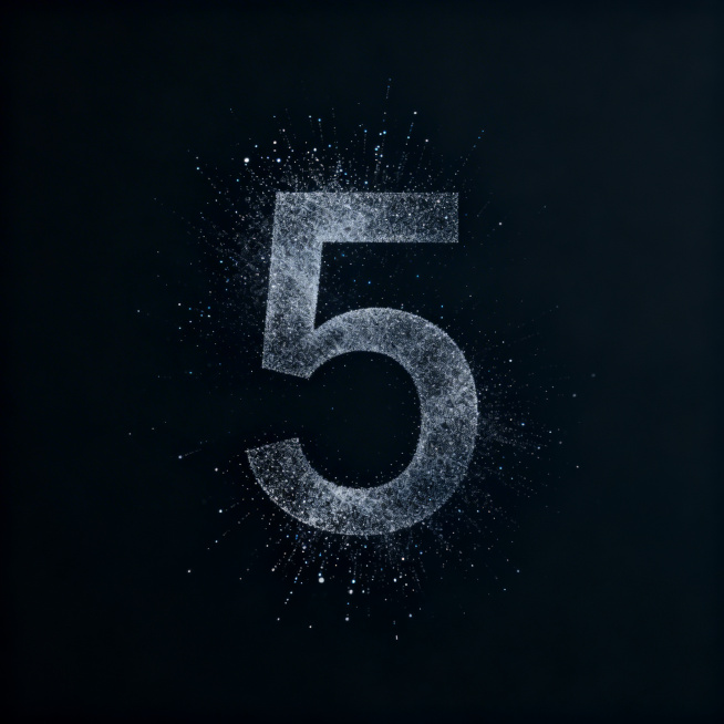 数字"5"由消散的粒子构成，粒子从中心向四周扩散出效果，数字居中放置，画面四周留出大量空白，深色简约背景，科技感，粒子效果精致预览效果