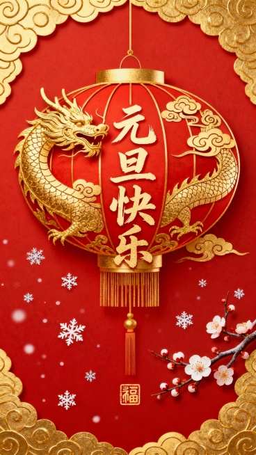 国潮风元旦海报，中国红底色，主体为烫金祥云龙纹与传统灯笼，中央嵌入“元旦快乐”四字书法字体，下方点缀雪花、梅花与“福”字印章，边缘环绕金边祥云纹样，整体喜庆大气，融合传统与现代审美预览效果