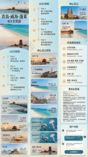 将青岛威海蓬莱旅游全套宣传长图调整为竖版移动端排版，保持主色调浅蓝+米白+落日金，保留所有内容模块：轮播Banner、4天行程速览、10个核心景点大图矩阵、增值体验、费用须知、用户好评预订栏，每个模块预览效果