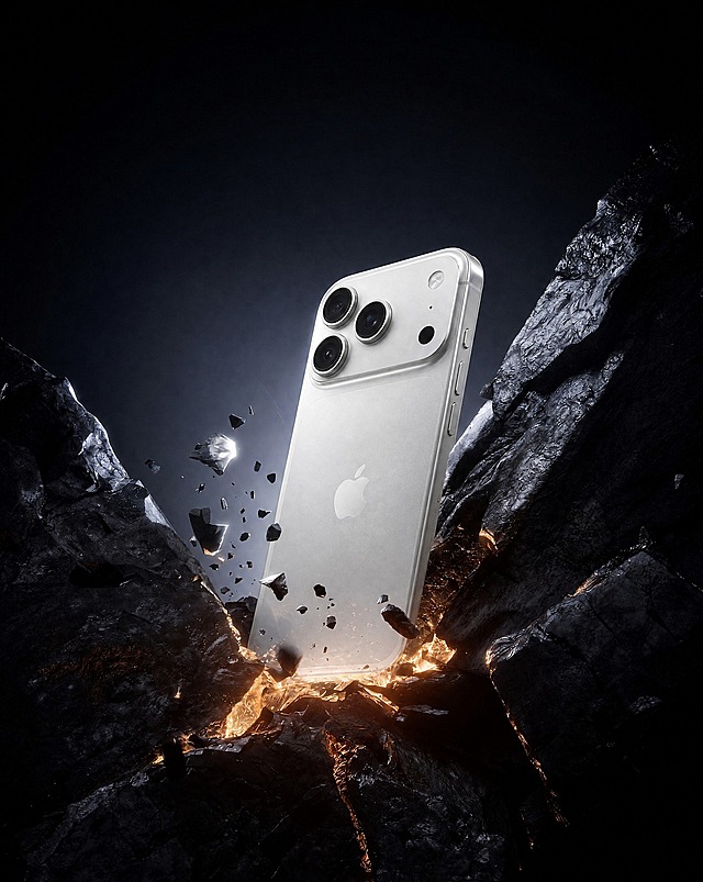 将图1中的原有手机移除，替换为图2中的银白色iPhone 18 Pro手机，仅展示单台手机的背面斜视角，保持图1的深色岩石、飞溅碎石、底部金色熔岩光效、暗调背景的场景和构图不变，手机角度、光影、透视与原图一致，自然融入场景，金属磨砂质感，产品摄影级高清细节，去除底部OUAIGC4D水印