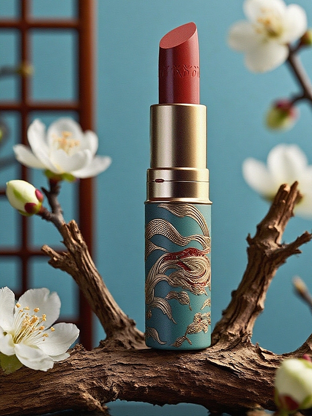 抠出主体，保留主体形状和颜色。前景是主体置于古朴枯树枝上。几朵白色山茶花点缀枯枝。后景有树枝花朵点缀，背景是青色墙面和中式屏风花窗。景深效果。