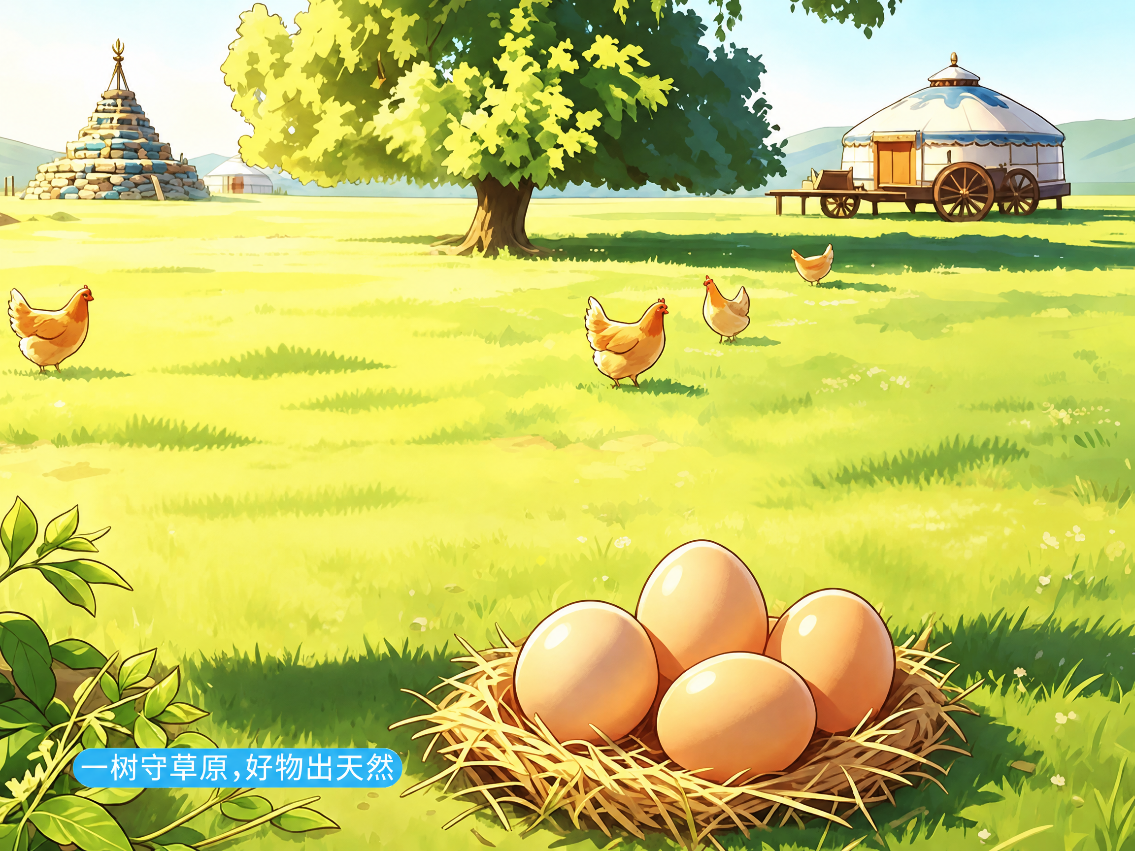 移除图中最大的两只鸡，保留其余小鸡、草窝和鸡蛋、草原背景、蒙古… - 图片创意预览
