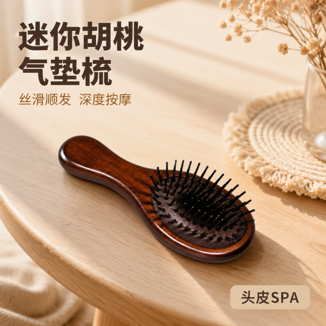 「图片1」，生成一套主图（5张），商品名称是迷你胡桃气垫梳，卖点是丝滑顺发，深度按摩  ，风格是家居治愈风，适配淘宝/天猫平台，主图比例为1:1「图片1」预览效果