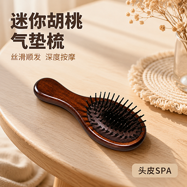 「图片1」，生成一套主图（5张），商品名称是迷你胡桃气垫梳，卖点是丝滑顺发，深度按摩  ，风格是家居治愈风，适配淘宝/天猫平台，主图比例为1:1「图片1」