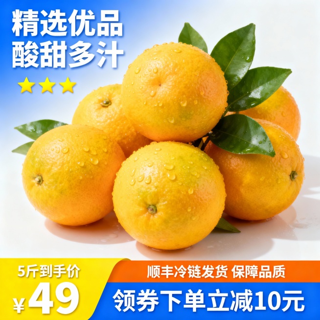 一张水果促销海报，整体风格为清新写实，主色调采用黄色和橙色，光影明亮柔和，画面中央是一串饱满多汁的黄色橙子，表面带有晶莹水珠，搭配翠绿的叶子，左上角有蓝色渐变背景衬托的白色文字“精选优品”和“酸甜多汁”，文字下方有三颗黄色小星星装饰，底部左侧是黄色背景白色数字“5斤到手价 ¥49”，右侧是橙色背景白色文字“顺丰冷链发货 保障品质”，最底部是蓝色背景白色文字“领券下单立减10元”，整体排版层次分……电商主图商品主图预览效果