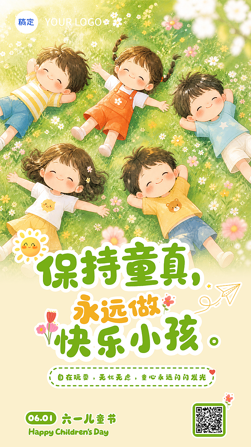 61儿童节节日祝福清新卡通风通用竖版海报