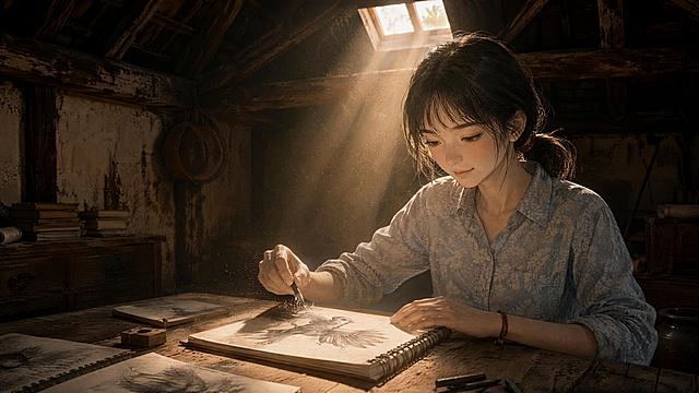 中国写实动画风格，一位少女近景坐在老旧农家阁楼木桌前，林穗18岁，齐肩黑发低马尾扎褪色红毛线发绳，身穿浅蓝色碎花棉布衬衫，左手腕系一根褪色红绳手链，手中炭笔为一本泛黄速写本上的飞鸟添最后一片羽毛，轻轻吹去炭屑嘴角浮起极淡的笑意，天窗一束晨光笔直射入形成光柱，光柱中微尘轻舞浮动，暖暗金调，光束与四周黑暗形成强烈对比，静谧温暖氛围