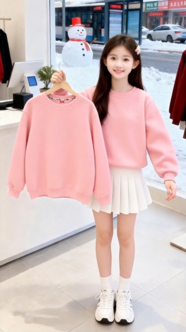 用图1衣服和短裙替换掉图2模特穿的衣服裤子和模特手中衣架上挂着的衣服，保留原场景光影，保持图2的人物的五官和发饰不变，姿势不变，鞋子变为白色运动球鞋，背景不变，图片宽高尺寸不变，保持图1衣服和短裙预览效果