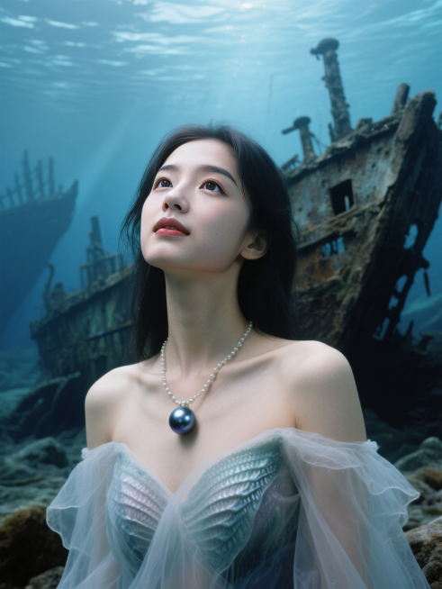 穿着鲛绡轻纱，坠着深海珍珠，背景是沉船遗址， 沉寂静谧氛围预览效果