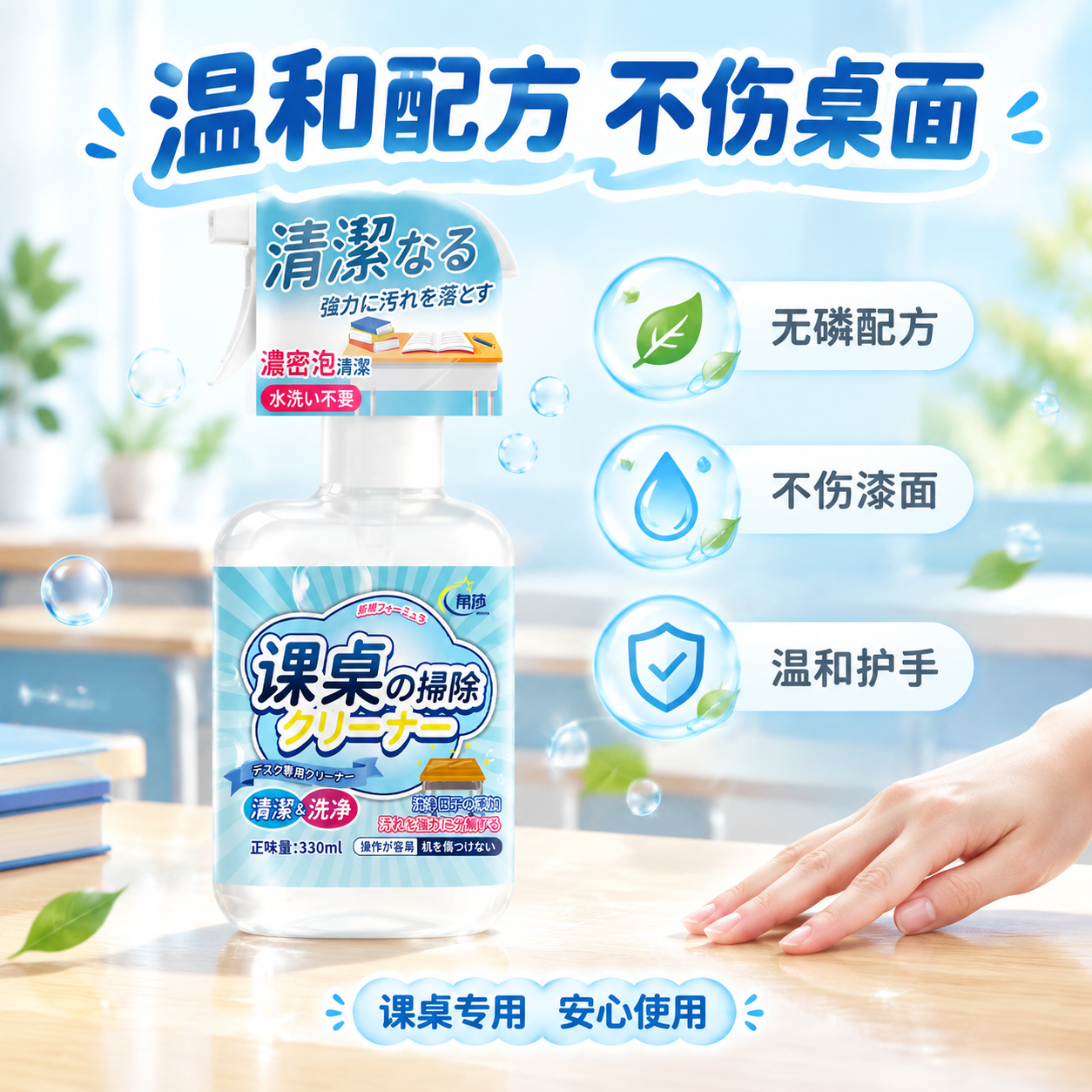 [主图-3] 温和配方与安全性展示，突出课桌清洁剂不伤桌面、温… - 图片创意预览