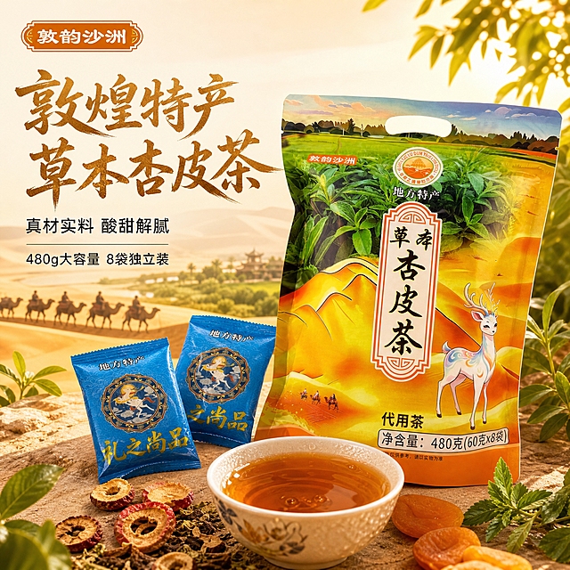 [主图-1] 首图点击率 敦煌特产草本杏皮茶 食欲感场景展示
[统一基调] 整体国风暖橙色调，背景融入敦煌沙漠绿洲与绿植元素，主标题用粗笔刷书法字，字色为暖金色带轻微阴影，辅助文案用清爽黑体，整体风格自然有食欲，突出地方特产属性。
[画面] 画面右侧主体是草本杏皮茶大包装袋，正面完整展示，包装袋倾斜15度摆放，旁边散落2-3包蓝色独立小包装，前方放一个白色陶瓷碗，碗里盛着冲泡好的琥珀色杏皮茶，杯壁有冷凝水珠，旁边散落几片杏干、山楂片和甜叶菊原料。背景是虚化的敦煌沙漠与绿洲田野远景，有几队骆驼商队剪影。左上角放品牌Logo“敦韵沙洲”。左侧留负空间放文案。产品占画面约65%。
[光影质感] 自然暖阳逆光，光线从右上方洒下，在包装袋和碗边形成柔和高光，产品底部有自然接触阴影，整体通透有食欲，商业摄影质感。
[配色] 主色调暖橙+金黄+草绿，点缀蓝色小包装，背景浅米色渐变，文字暖金色。
[文字版式] 左侧上方主标题“敦煌特产 草本杏皮茶”，下方副标题“真材实料 酸甜解腻”，再下方小字“480g大容量 8袋独立装”，文字左对齐，不遮挡产品主体。
[输出要求] 1:1比例，产品清晰不变形，文字清晰可读，无错字，无水印，无平台Logo，画面干净有食欲。