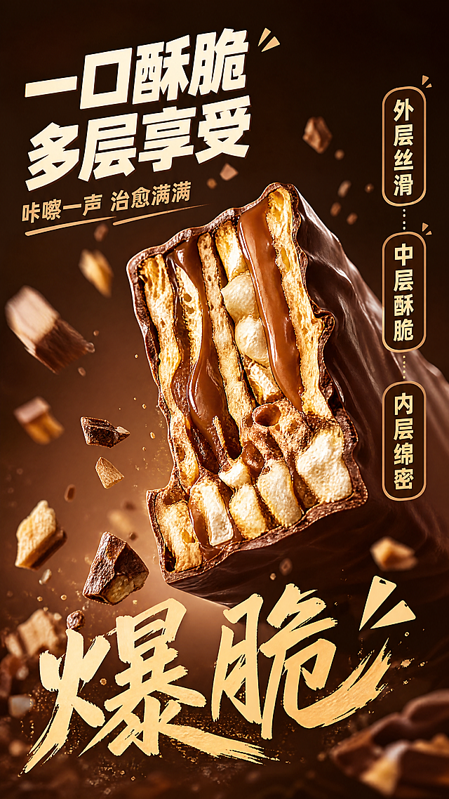 [第3张] 详情页口感质地特写页-雀巢脆脆鲨涂层威化饼干爆脆剖面特写。本张使用【图2】中巧克力味产品切面作为核心特写主体。
[氛围/风格] 食欲爆脆感，微距特写质感，零食诱人口感展示。
[元素布局] 画面中央放大展示巧克力味脆脆鲨的剖面特写，占比约55%；清晰可见外层巧克力涂层、多层威化饼干、夹心层的丰富层次；周围有少量酥脆碎屑飞溅动态，表现酥脆口感；背景为深棕色渐变，突出产品主体；产品外观、层次结构与输入图一致。
[光影质感] 侧光打亮剖面层次，涂层有高光反射，威化层纹理清晰，碎屑有动态模糊感，整体立体感强。
[配色色系] 全局底色 #3E2723 深巧克力棕渐变；主色巧克力棕、金黄；辅助色奶白夹心、浅棕威化。
[视角构图] 45°斜侧微距视角，聚焦剖面层次，阅读动线从中心产品向四周卖点扩散。
[文字版式] 左上主标题「一口酥脆 多层享受」，粗圆体奶白色字；下方副标题「咔嚓一声 治愈满满」；右侧竖排3个口感标签：「外层丝滑」「中层酥脆」「内层绵密」；底部大字口感词「爆脆」，手写体风格；文字不遮挡剖面核心区域。
[比例分辨率] 9:16 竖版比例，4K分辨率，文字清晰可辨，高清画质。
[负向提示词] 产品变形，层次模糊，颜色偏差，水印，文字错乱，碎屑不自然，结构错误。