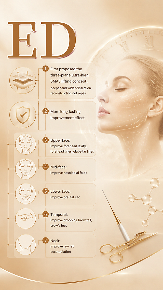 On the basis of the original light gold background, add concise English text in tree structure to mark the technical advantages: 1. First proposed the three-plane ultra-high SMAS lifting concept, deeper and wider dissection, reconstruction not repair 2. More long-lasting improvement effect 3. Upper face: improve forehead laxity, forehead lines, glabellar lines 4. Mid-face: improve nasolabial folds 5. Lower face: improve oral fat sac 6. Temporal: improve drooping brow tail, crow's feet 7. Neck: improve jaw fat accumulation. Add appropriate medical aesthetic elements in the blank space, keep the original ED text style, maintain the overall elegant high-end medical aesthetic style