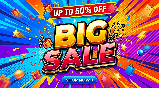 BIG SALE促销海报，文案"BIG SALE"突出醒目，排版合理，背景采用明亮鲜艳的色彩和动感几何图案，营造活泼热闹的氛围，强烈的视觉冲击力，现代商业设计风格