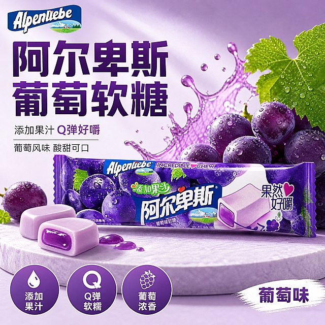 [主图-8] 阿尔卑斯葡萄味软糖 爆款促销感主图，突出葡萄果汁与Q弹好嚼口感。
[统一基调] 国内电商零食类爆款促销风格，主色葡萄紫+白色，辅助色浅紫、绿色，强调色深紫；字体用粗黑体，主标题最大，辅助文案缩小50%以上；整体高饱和、强食欲感、Q弹感。
[画面] 产品主体为阿尔卑斯葡萄味软糖条形装，紫色包装、葡萄图案、阿尔卑斯Logo与输入图完全一致，居中偏右横向摆放，略微倾斜，占画面50%。左侧搭配新鲜紫葡萄串、带水珠的绿叶、切开的软糖露出紫色夹心，果汁飞溅效果，营造Q弹多汁的诱人氛围。背景为浅紫到白色渐变，底部有浅色台面承托，产品下方有柔和接触阴影。左上角放阿尔卑斯Alpenliebe品牌Logo，与产品包装一致。
[光影质感] 自然暖阳逆光，突出葡萄果粒光泽与软糖Q弹通透质感；包装材质有真实反光，阴影柔和自然。
[配色] 主色葡萄紫，辅助色浅紫、绿色，强调色白色；浅底深字，标题清晰。
[文字版式] 采用左文右品标签参数型版式。左侧上方主标题大字：「阿尔卑斯 葡萄软糖」，下方两行辅助文案：「添加果汁 Q弹好嚼」「葡萄风味 酸甜可口」。底部三个圆形卖点图标：「添加果汁」「Q弹软糯」「葡萄浓香」。右下角标注：葡萄味。
[输出要求] 比例1:1，2K分辨率，文字清晰可读，产品完整不切割；禁止变形、错字、模糊、杂乱背景、水印、平台Logo、二维码。