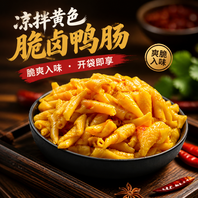 为这道凉拌黄色脆卤鸭肠制作一张有食欲、有吸引力的1:1正方形电商主图，保持产品原样，突出产品新鲜诱人的质感，提升食欲和商品吸引力预览效果