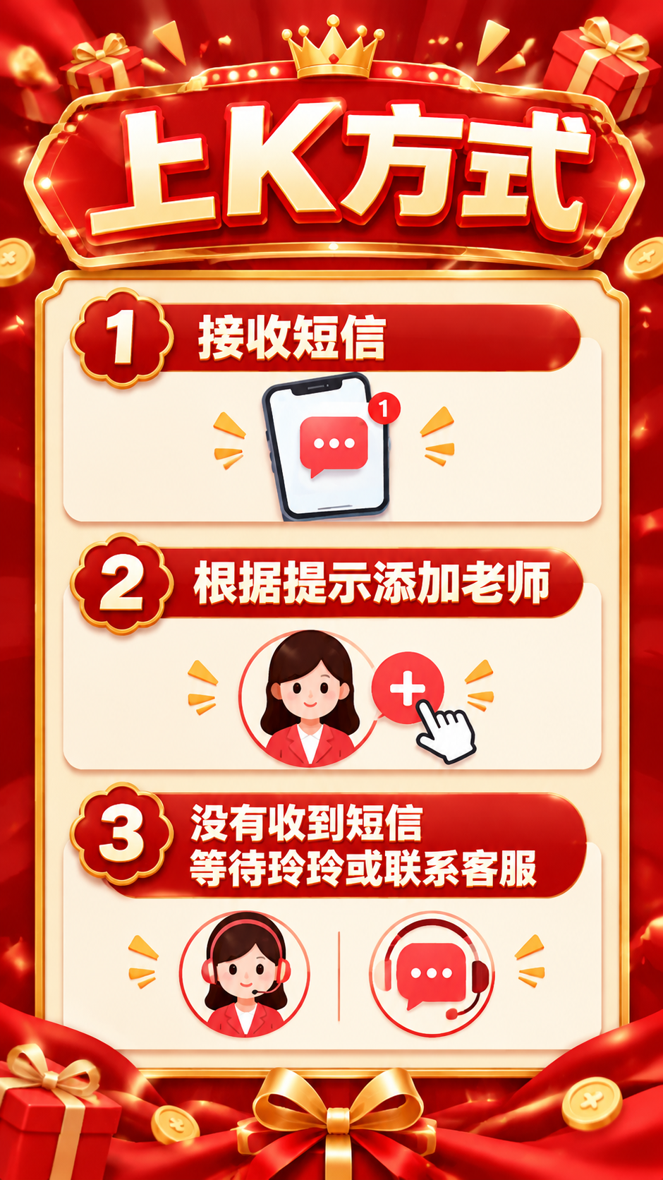 直播间竖版贴片，红色大促氛围，上K方式三步流程： 顶部大标题：… - 图片创意预览