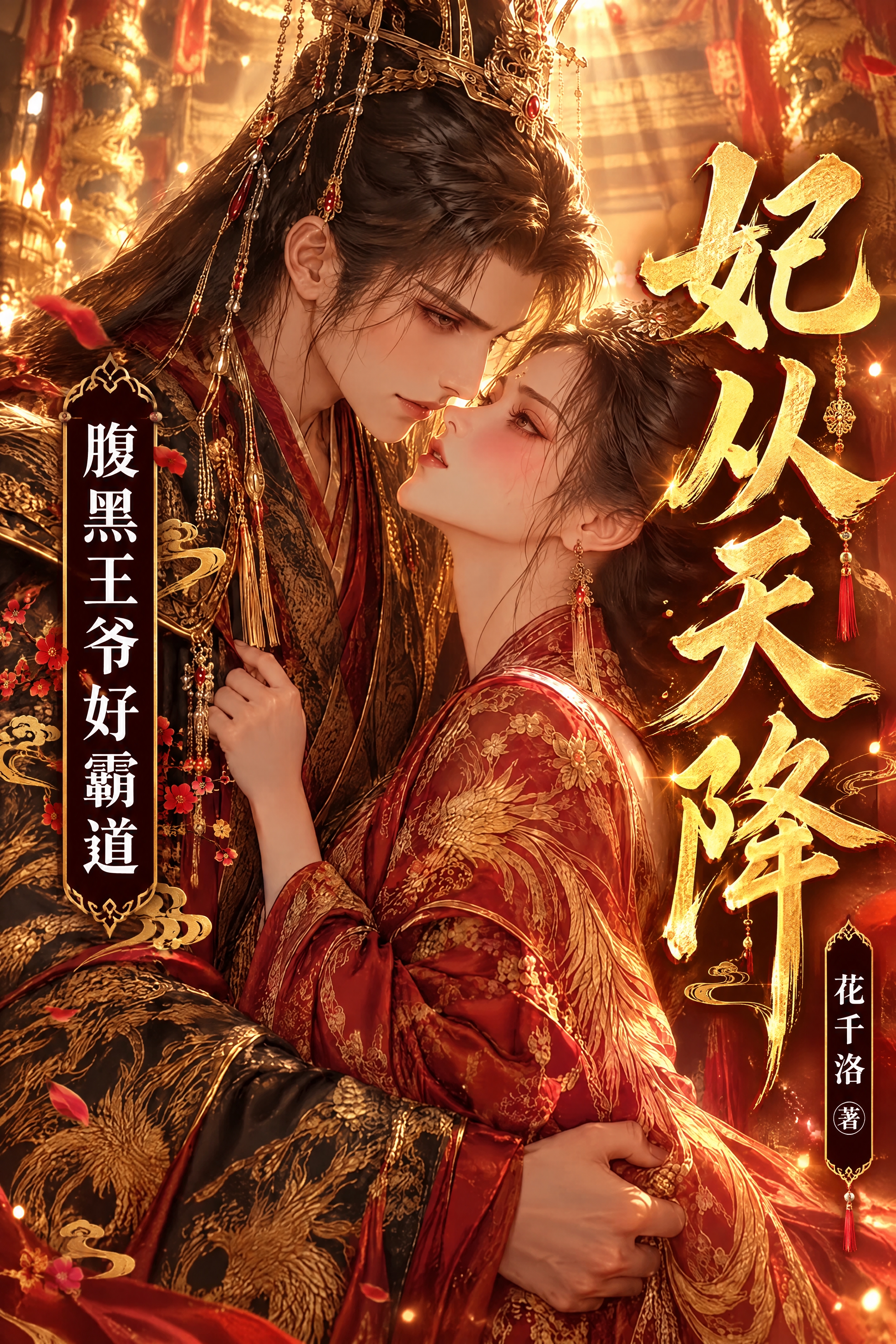 在这张暧昧帝王风男女主图上添加小说封面文字。右侧竖排大字标题"… - 图片创意预览