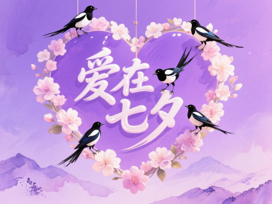 背景是水彩山水画，浪漫的紫色调。手写的“爱在七夕”悬在半空中，爱心花朵围绕，喜鹊站立在爱心上预览效果