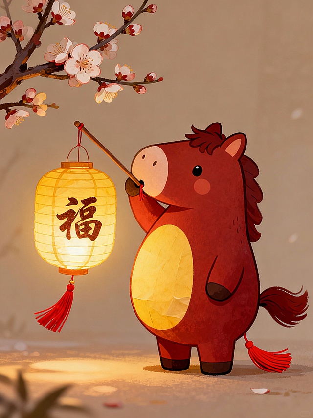 国潮风插画，拟人化小马手持“福”字灯笼，水彩质感渲染，喜庆温暖，融合梅花元素，萌趣十足。