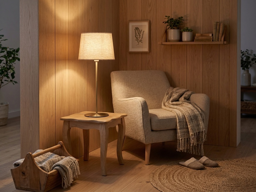 台灯放置在客厅的角落，散发出柔和的光线。客厅的墙壁和地板采用浅木色色调，营造出舒适自然的空间感预览效果