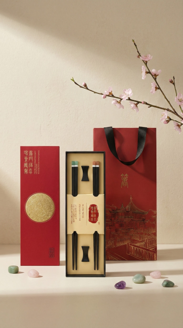 主体：参考图中宝石筷子礼盒套装合理放置
场景：极简中式美学布景（浅米色背景墙、几颗宝石点缀、浅粉色禅意花枝）
光影风格：柔和摄影棚侧光、干净阴影、低饱和度色调、商业广告级写实质感
视角：根据构图自由调预览效果