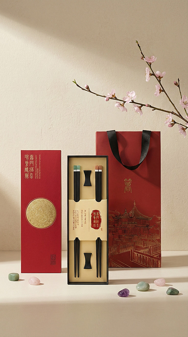 主体：参考图中宝石筷子礼盒套装合理放置
场景：极简中式美学布景（浅米色背景墙、几颗宝石点缀、浅粉色禅意花枝）
光影风格：柔和摄影棚侧光、干净阴影、低饱和度色调、商业广告级写实质感
视角：根据构图自由调整视角
要求：质感细腻高级，商业摄影风格，构图精致有层次，干净高级的美学质感，2K高清。
