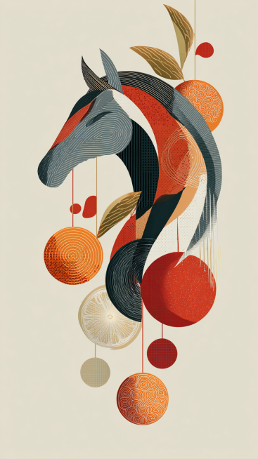 简约扁平矢量风，核心设计： 极简、风格化的马侧影，由曲线和形状构成。
元素融合： 与橘子、鞭炮、中国结等新年图标巧妙结合。
风格与用途： 扁平矢量设计，干净几何，红白金配色，明确适合现代海报、Logo预览效果