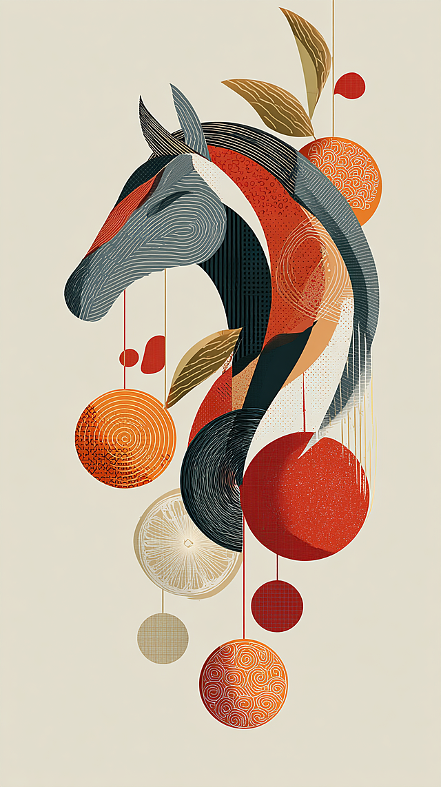 抽象感与几何风交织，现代插画风格呈现立体主义马首，融合拼贴元素与节日橙红韵律，时尚而富有东方意蕴。