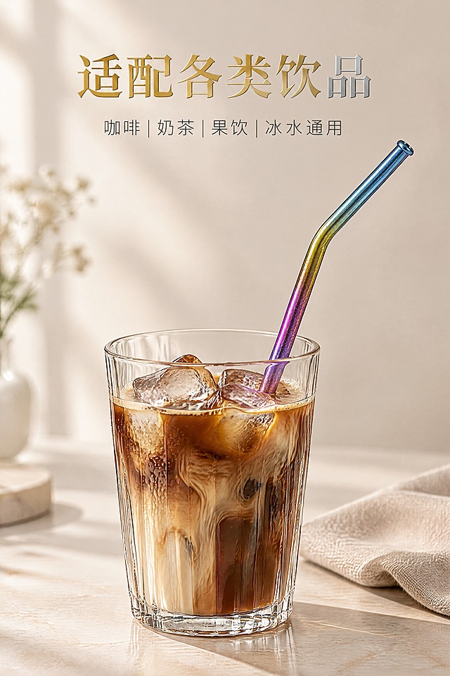 8K 高端生活场景摄影，简约轻奢细质轻奢风，鎏金肌理质感。幻彩纯钛吸管放入轻奢玻璃杯冰咖啡中，吸管露出杯口，严格还原参考图中的产品颜色、冰花肌理、弯管形态等所有细节，去掉无关背景杂物和手；产品尺寸口径8MM、长度22.5cm，产品展示比例1:1，无拉伸变形。浅米色桌面，低饱和软装，柔和自然光，高级安静氛围感。主标题居中排版，金属渐变文字，主标题【适配各类饮品】，副标题【咖啡｜奶茶｜果饮｜冰水通用】。负面提示：杂乱桌面，过多摆件，人手，夸张滤镜，廉价杯子，色彩艳丽，水印，卡通，画面拥挤。