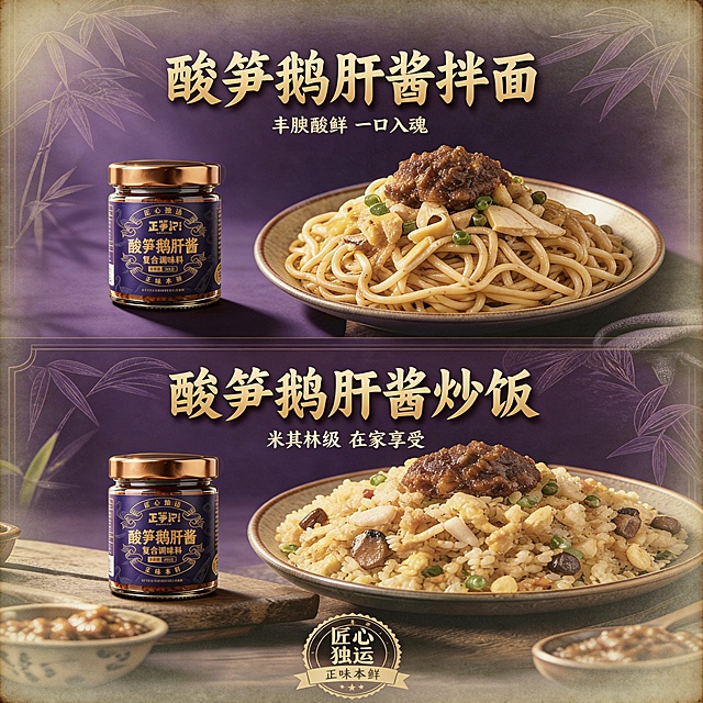 [主图5：拌面炒饭应用] 正笋记酸笋鹅肝酱应用主图，1:1正方形比例，整合拌面与炒饭应用场景。整体配色紫色+金色，深紫色背景带竹纹暗纹。上半部分展示酸笋鹅肝酱拌面，下半部分展示酸笋鹅肝酱炒饭，两款成品均质感真实，暗调光影，各配产品罐小图点缀。文字：上方金色大字"酸笋鹅肝酱拌面"下方小字"丰腴酸鲜 一口入魂"，下方金色大字"酸笋鹅肝酱炒饭"下方小字"米其林级 在家享受"。上下分栏，应用图添加轻微阴影和复古滤镜，文字排版紧凑，保持紫色+金色色系统一，和整体风格一致。尺寸800×800px，1:1比例，4K分辨率。负向提示词：文字错乱，食物变形，颜色偏差，水印，结构错误，文字模糊，背景杂乱。