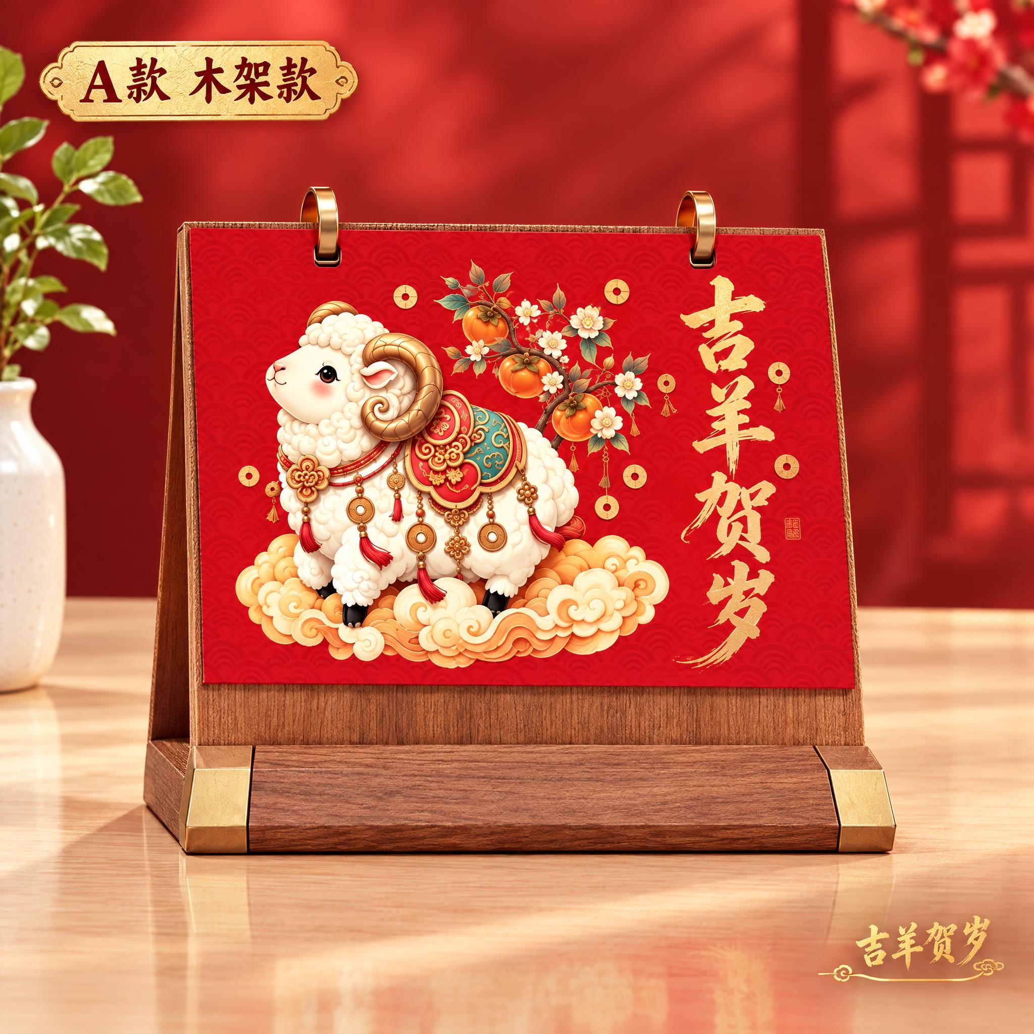 生成A款木架台历主图，吉羊贺岁款。台历画面是红色背景上的可爱卡… - 图片创意预览