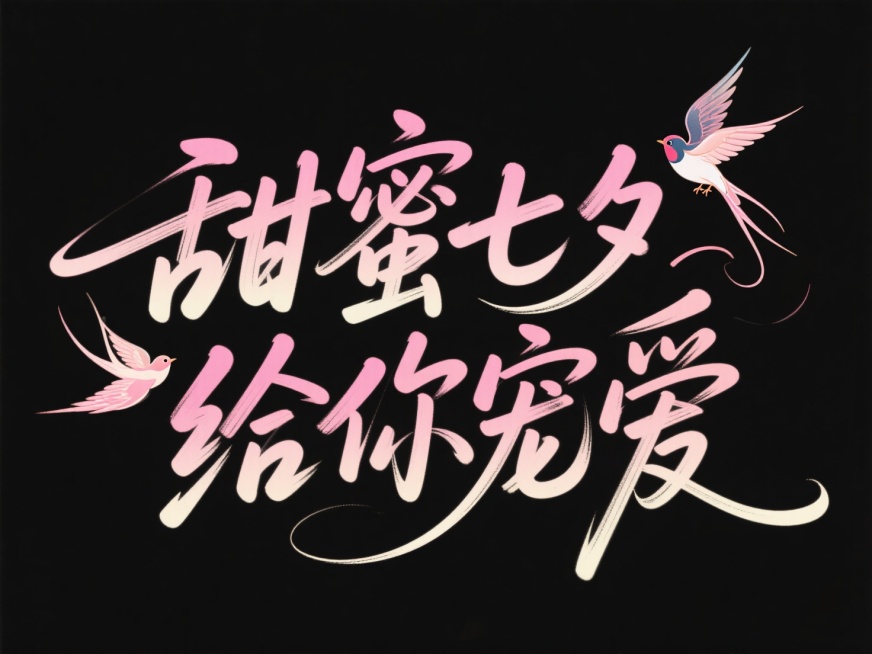 用粉色渐变笔触写的 “甜蜜七夕 给你宠爱” 艺术字，字体飘逸灵动，带有喜鹊元素，传递浪漫的节日氛围 。黑色背景预览效果