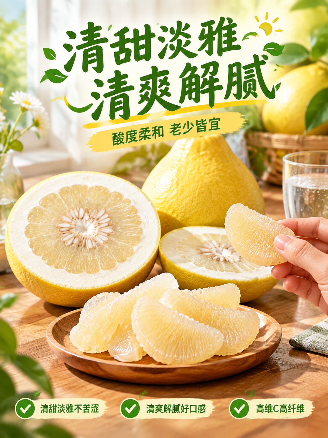 居家餐桌场景，木桌上摆着切开的白心蜜柚和果盘，旁边一杯清水，一… - 图片创意预览