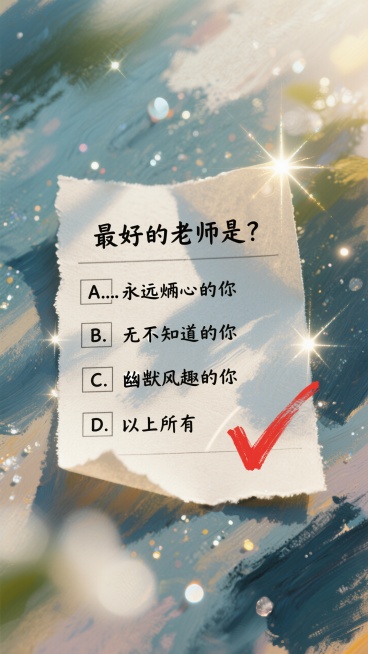 设计：海报设计成一张“答题卡”。 题目：中央一道“选择题”： “最好的老师是？” A. 永远耐心的您 B. 无所不知的您 C. 幽默风趣的您 D. 以上所有 
选项D被红色对勾标记预览效果
