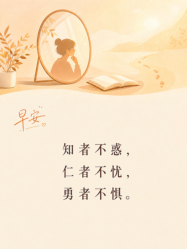 在这张早安图的下方留白区域添加文字排版。左上角有一个小小的"早安"二字作为装饰，使用温暖的暖橙色手写体。主文案居中放置："知者不惑，仁者不忧，勇者不惧。" 使用优雅的宋体或衬线字体，深棕色文字，字号适中，行间距舒适。整体排版简洁大方，与画面的暖色系治愈风格统一。文字要清晰可读，与背景有良好对比。