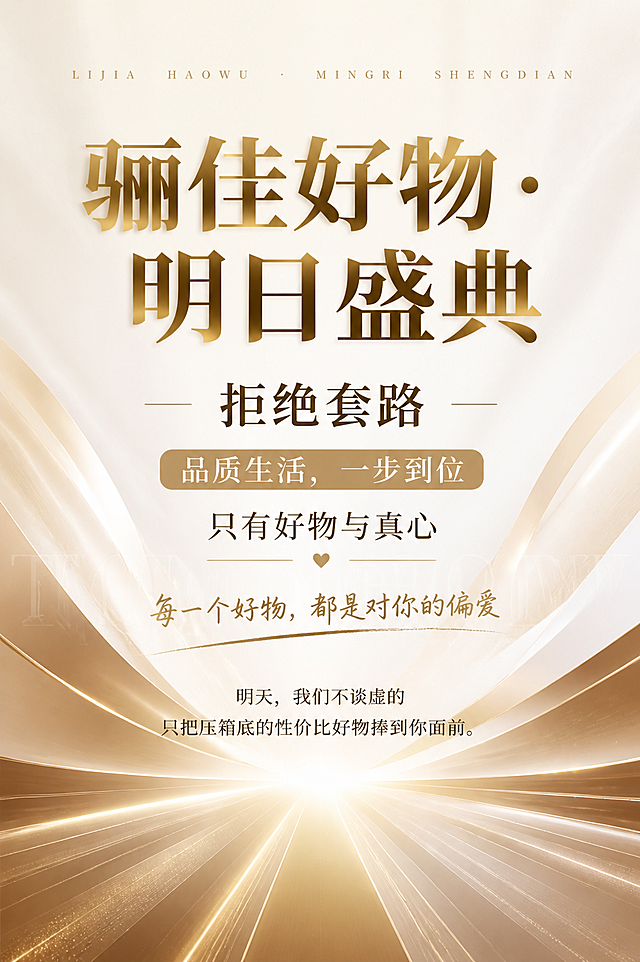 电商促销海报，骊佳好物·明日盛典主题，简约现代设计风格，没有产品和人物，整体大气高级，搭配文字：
"骊佳好物·明日盛典"
"拒绝套路"
"品质生活，一步到位"
"只有好物与真心"
"每一个好物，都是对你的偏爱"
"明天，我们不谈虚的只把压箱底的性价比好物捧到你面前。"
