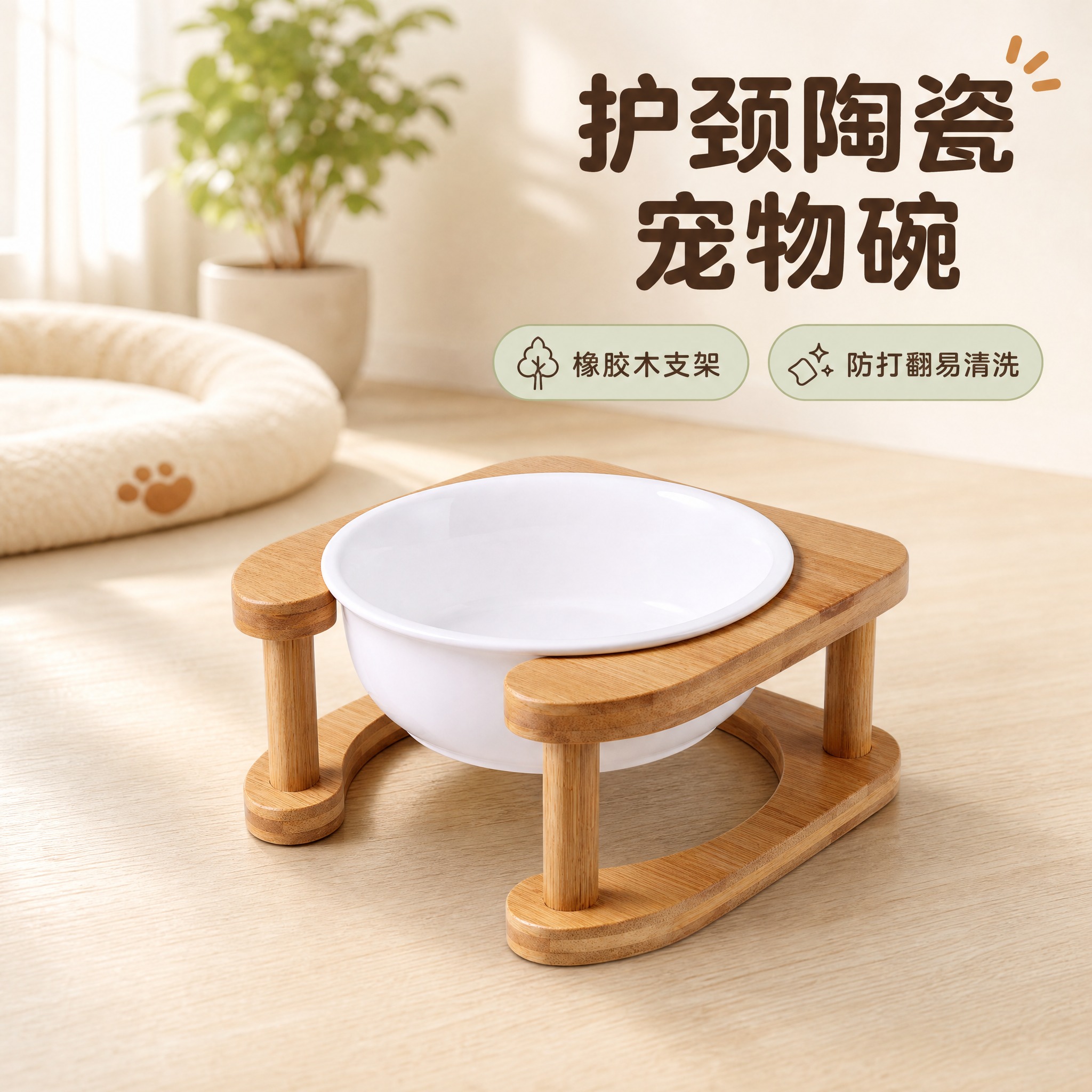 [主图-1] 橡胶木架陶瓷宠物碗首图，突出护颈喂食与原木质感，… - 图片创意预览