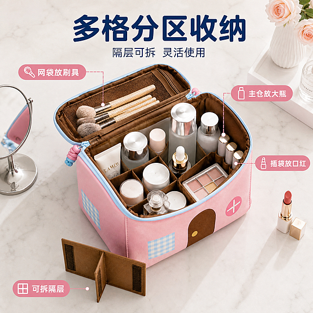 [主图-2] 多格分区收纳内部结构展示，容量大分类清晰卖点图。
[氛围风格] 整洁有序收纳展示风，干净明亮，专业实用感。
[画质] 商业摄影质感，光线均匀通透，内部结构清晰可见，细节丰富真实。
[元素] 粉色多巴胺小房子化妆包开盖状态，俯视角度展示内部多格分区收纳结构。内部棕色内衬，可拆隔层将主仓分成多个方格，整齐摆放着各种化妆品：大瓶护肤品、面霜、精华、口红、眼影盘、化妆刷等，分类清晰一目了然。盖子内侧网袋插着几支化妆刷，侧边插袋放着口红。隔层可拆卸的部件单独放在左下角展示。**保持化妆包外观和内部结构（材质、颜色、隔层设计）与输入产品图完全一致，杜绝任何变形和色差，精细化处理**。商品主体占比约70%，画面满屏无边框。背景是干净的白色大理石台面，左侧有银色小化妆镜，右侧有一支口红和香水瓶点缀。
[光影] 顶部柔和主光均匀照亮内部空间，无明显阴影死角，内部每个格子都清晰可见，侧光勾勒化妆包边缘轮廓，整体光线明亮通透，突出收纳的整洁感和容量感。
[配色] 主色干净白色+浅灰色背景；辅色产品粉色、棕色内衬；强调色深蓝色标题、粉色图标。
[视角构图] 俯视45度角，开盖内部为视觉中心，内部收纳物品整齐有序，引导视线关注分区结构和大容量，景深适中，背景简洁。
[文字版式] 画面顶部居中，主标题大字粗体深蓝色："多格分区收纳"，下方副标题小字："隔层可拆 灵活使用"。画面左侧粉色圆角标签配图标："网袋放刷具"，引线指向盖子内侧网袋。右侧上方粉色圆角标签配图标："主仓放大瓶"，引线指向主仓大格。右侧下方粉色圆角标签配图标："插袋放口红"，引线指向侧边插袋。左下角粉色圆角标签配图标："可拆隔层"，引线指向可拆卸隔层部件。文字全部清晰可读，不遮挡产品主体。
[输出要求] 1:1比例，文字清晰锐利，超高清商业摄影质感。
[负向提示词] 变形，文字错乱，产品图模糊，背景杂乱，水印，电商平台Logo。