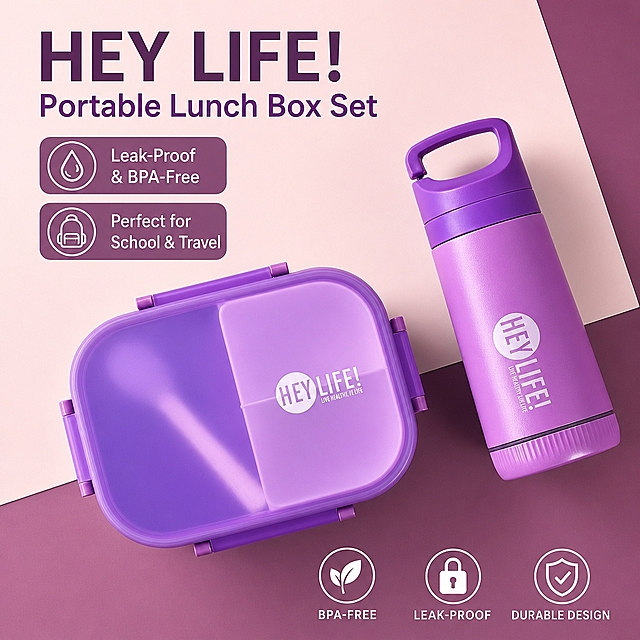 Amazon e-commerce main image, 1:1 square, student portable bento lunch box set with matching water bottle, purple color, top-down flat lay view, clean minimalist light pink and purple background, premium product photography, soft studio lighting, sharp focus, high-end commercial style, English text overlay in modern sans-serif font: "HEY LIFE! Portable Lunch Box Set", "Leak-Proof & BPA-Free", "Perfect for School & Travel", professional Amazon listing main image, no watermark
