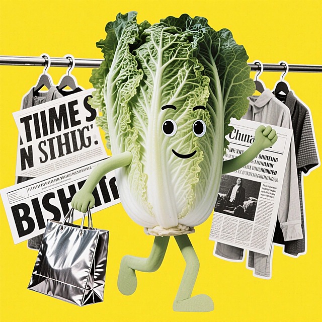 一个可爱的拟人化白菜拿着金属购物袋在服装店逛街的动态姿势，黄色背景