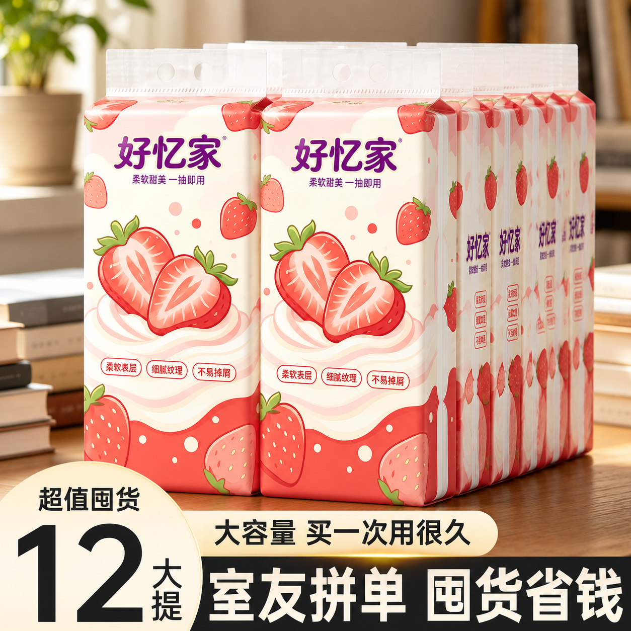 将图中所有悬挂式抽纸包装的图案全部替换为第一张参考图中的草莓主… - 图片创意预览