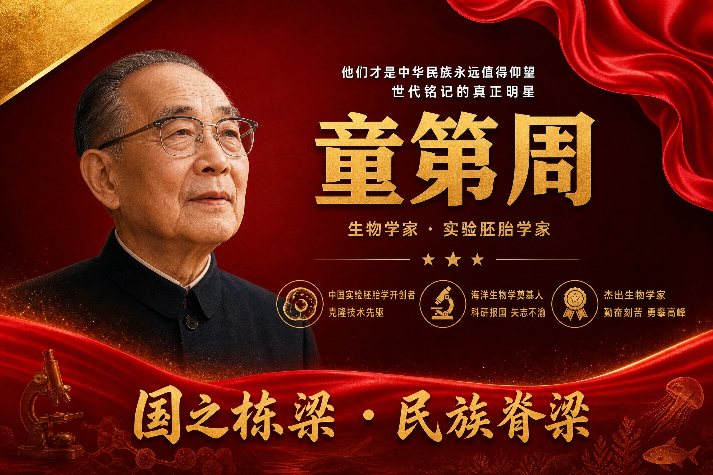 横版国之栋梁人物挂画海报，童第周主题，参考图风格复刻，红金配色… - 图片创意预览