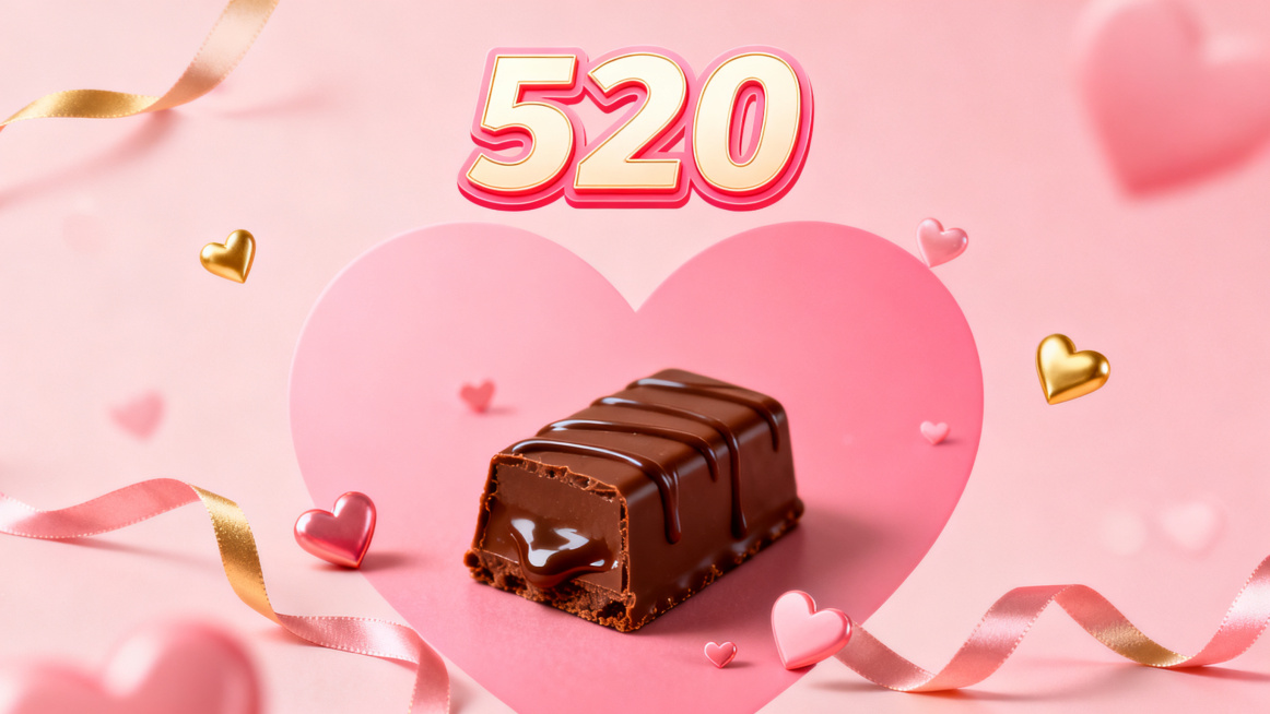 520情人节活动促销海报，主题是巧克力，浪漫甜蜜风格，粉色爱心背景，突出巧克力产品，设计温馨有氛围感，顶部有醒目的标题文字"520"预览效果