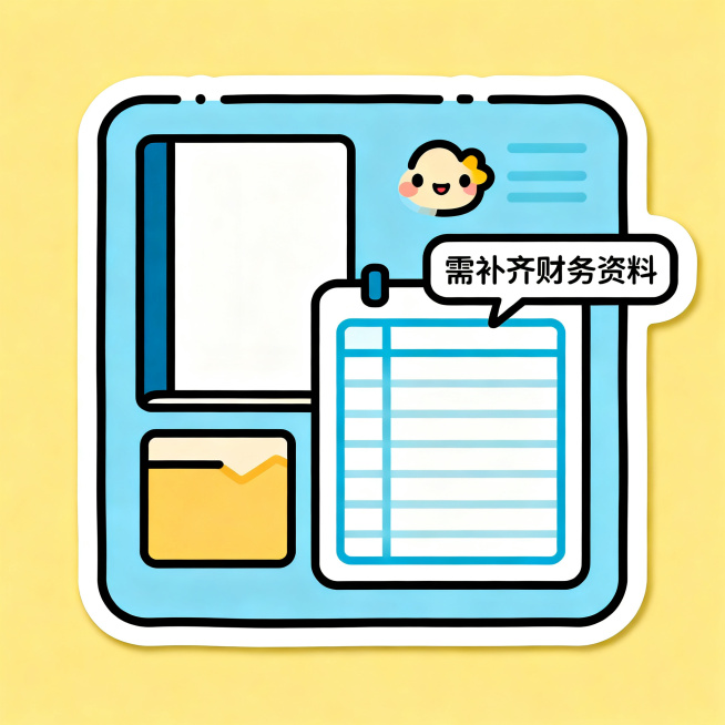 卡通风格漫画插图贴纸，主题为公司注销遇到的财务资料不全问题，画面展示不完整的空账本和报表框，标注需补齐财务资料提示，可爱办公风，方形贴纸构图预览效果