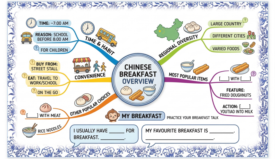 Create a beautiful mind map based on the Chinese breakfast content in the uploaded image, set key vo预览效果