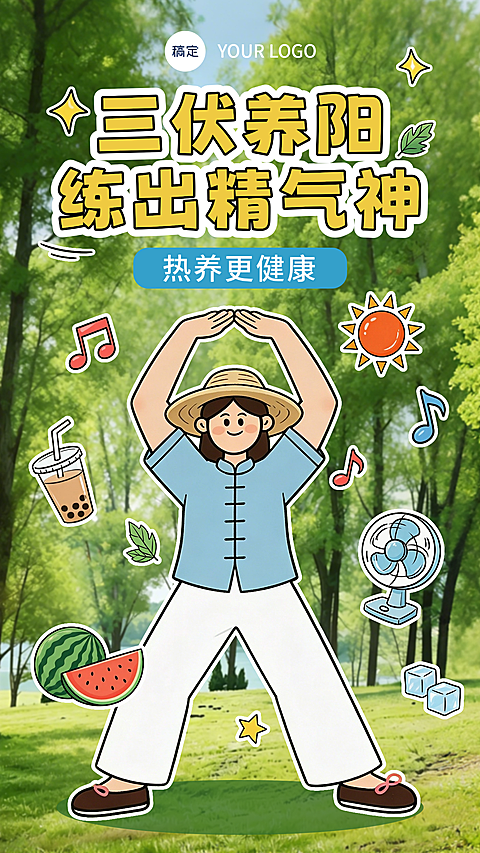 三伏天养生知识科普分享卡通插画风海报