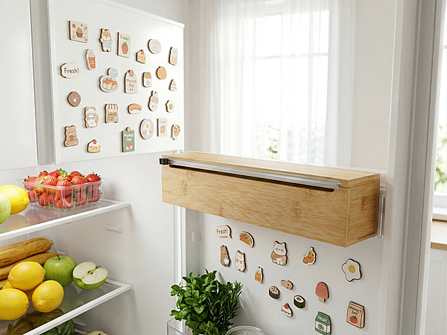 将竹制保鲜膜盒子自然融入冰箱内侧的场景中，保鲜膜盒子横放在冰箱门上，冰箱门上贴满了各式各样可爱的装饰性冰箱贴。保持产品主体物理结构不变，强制保留完整的竹制盒子和金属切割器结构，保持原木竹纹理不变。光影匹配：商业高调摄影，透光窗帘带来柔和漫射光，光源从正面上方来，在产品下方生成自然的接触阴影，阴影近实远虚。材质交互：保留竹子清晰的木纹材质和金属切割器的硬朗高光，冰箱内部白色环境轻微漫反射到产品边缘。边缘处理：消除抠图白边，环境色漫反射让产品自然融合。风格配方：北欧自然风，极强自然光，浅木色加白色调，通透干净，黄金分割点构图，30%画面留白，增加冰箱内的蔬菜水果作为点缀，整体氛围温馨生活化。负向提示词：多余的盖子、缺失的部件、变形的手柄、摄影灯、柔光箱、三脚架、水印、文字、昏暗光线、死黑阴影、畸变透视、比例失调、西方面孔、杂乱房间、乡村风